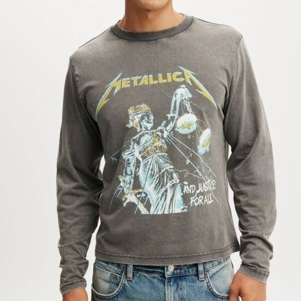 Metallica Mens And Justice For All Graphic LS Cropped Length T-Shirt Charcoal XL